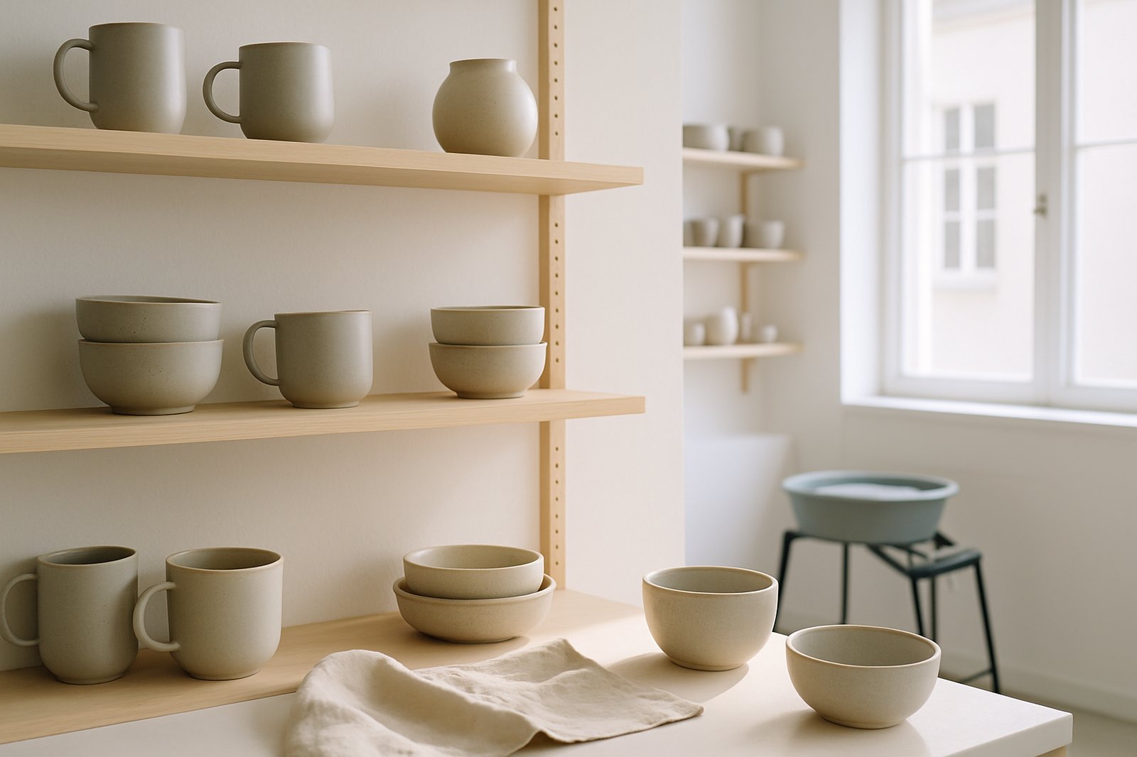 Pracownia ceramiczna: deski, kubki, pył w świetle